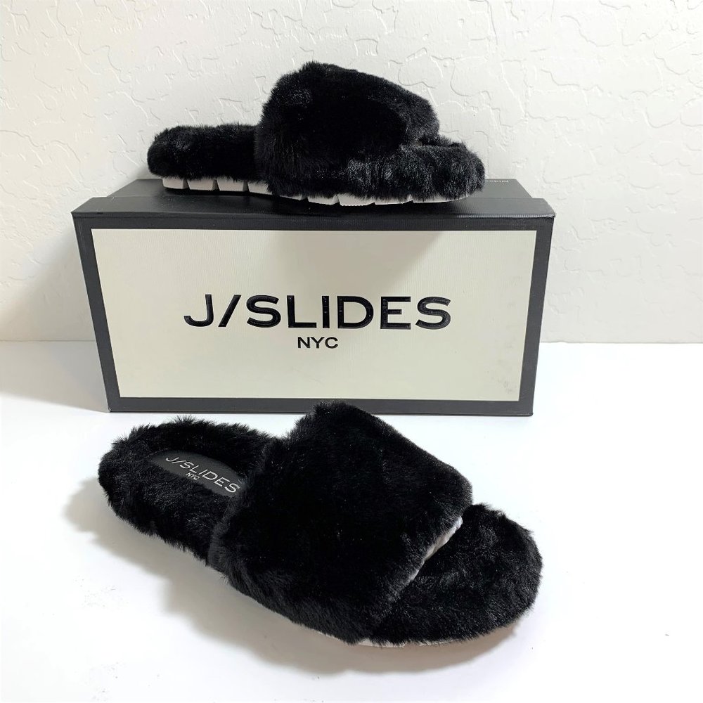 J/Slides Lovlie Faux Fur Sandals Slip On Slides Slippers Black Size 6 NEW